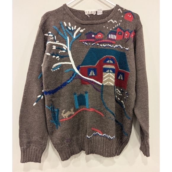 Vintage Country Suburbans Knit Cozy House Farm Sweater Size Large - Picture 7 of 7